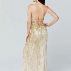 In Stock Backless Dresses Primavera Couture 3403 Size 4 Wrap Style Beaded Sequins Long Prom Dress With Slit