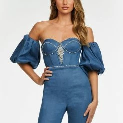 Ashleylauren Ashley Lauren 11124 Strapless Denim Jumpsuit With Puff Sleeves 7 Ashleylauren Ashley Lauren 11124 Strapless Denim Jumpsuit With Puff Sleeves
