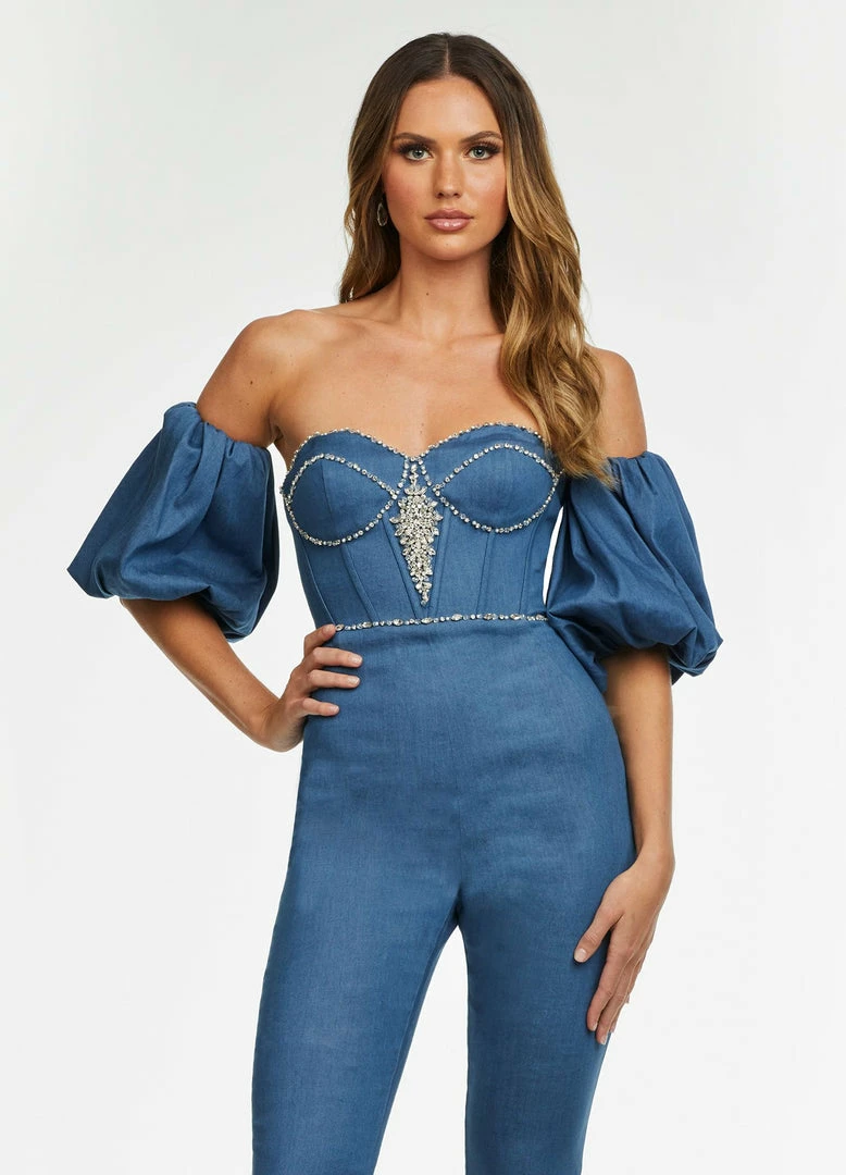 Ashleylauren Ashley Lauren 11124 Strapless Denim Jumpsuit With Puff Sleeves 5 Ashleylauren Ashley Lauren 11124 Strapless Denim Jumpsuit With Puff Sleeves
