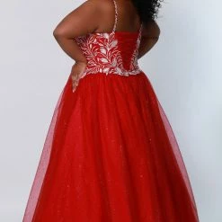 In Stock Ballgown Dresses Sydney's Closet SC7329 Size 14 Glitter And Lace Prom Dress Ball Gown Plus Sized SC 7329