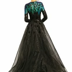 Discontinued Johnathan Kayne 9239 Long Sleeve Mermaid Prom Dress With Overskirt Stretch Sequins