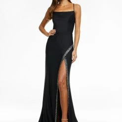 Ashleylauren Ashley Lauren 11184 Jersey Gown With Cowl Neckline & Rhinestone Trimmed Slit
