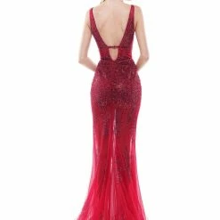 In Stock Mermaid Dresses Colors Dress 2563 Wine Prom Dress Size 2, 12 Sheer Skirt With Undershorts V Neckline Heat Stones