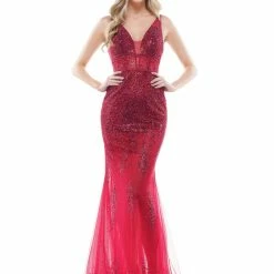 In Stock Mermaid Dresses Colors Dress 2563 Wine Prom Dress Size 2, 12 Sheer Skirt With Undershorts V Neckline Heat Stones