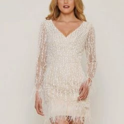 Colors 2781 Short Fitted Feather Cocktail Dress Sheer Long Sleeve Formal Embellished Gown Sequin Dresses