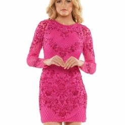 Sequin Dresses Colors 2808 Short Fitted Long Sleeve High Neckline Beaded Formal Cocktail Dress Prom