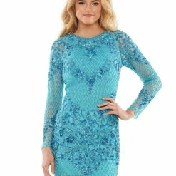 Sequin Dresses Colors 2808 Short Fitted Long Sleeve High Neckline Beaded Formal Cocktail Dress Prom