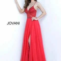 Long Sleeve Dresses Jovani 66925 Embellished V Neck Prom Dress Pageant Gown High Slit Evening Gown