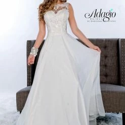 Adagio Bridal D9142 Bridal Dress White Sheer Lace Neckline A Line Wedding Gown 9142