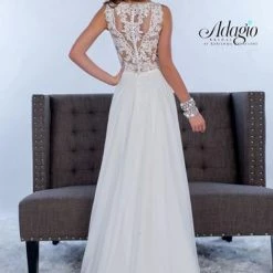Adagio Bridal D9142 Bridal Dress Sheer Lace Neckline Chiffon A Line Wedding Gown 9142