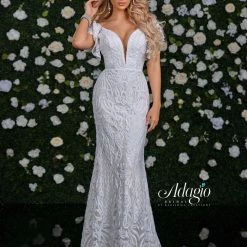 Discontinued Adagio Bridal D 9230 Sequin Lace Ruffle Sleeve Wedding Dress Open Back Long Sleeve Dresses
