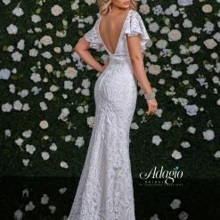 Discontinued Adagio Bridal D 9230 Sequin Lace Ruffle Sleeve Wedding Dress Open Back Long Sleeve Dresses