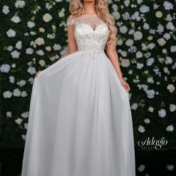 Discontinued Adagio Bridal D 9231 Long Wedding Dress Sheer Lace Bodice Cap Sleeve Chiffon Skirt