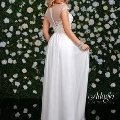Discontinued Adagio Bridal D 9231 Long Wedding Dress Sheer Lace Bodice Cap Sleeve Chiffon Skirt