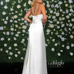 Discontinued Adagio Bridal D 9239 Long Satin Wedding Dress High Neckline Open Back Gown Wedding Dresses