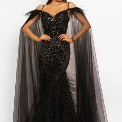 Johnathan Kayne 2173 Feather Embellished Mermaid Prom Dress Pageant Dress Cape Long