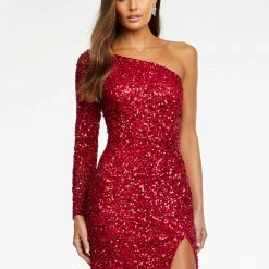 Ashleylauren Ashley Lauren 1977 Prom Dress One Sleeve Fully Beaded Long Pageant Dress With High Side Slit Sequin Dresses