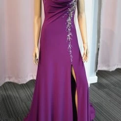 In Stock Xcite Prom Dress Cowl Neck Evening Gown Violet Size 2 Slit Jersey Train