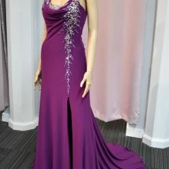 In Stock Xcite Prom Dress Cowl Neck Evening Gown Violet Size 2 Slit Jersey Train