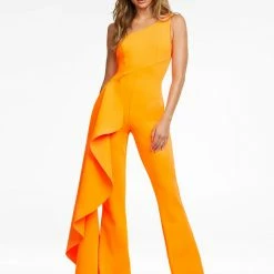 Ashleylauren Ashley Lauren 11152 One Shoulder Jumpsuit With Cascading Ruffle Detail Jumpsuits & Rompers