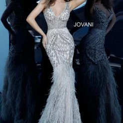 Mermaid Dresses Jovani 02798 Sheer Feather Mermaid Embellished Formal Evening Gown Couture