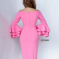 Long Sleeve Dresses Jovani 02992 Off The Shoulder Long Bell Sleeves Cocktail Dress