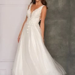 Dave & Johnny Ballgown Dresses Dave And Johnny 10288 3D Floral Wedding Dress Petit Sequins Lace A Line Ballgown