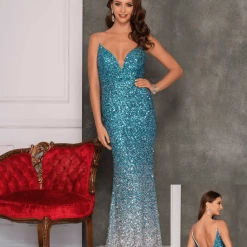 Dave & Johnny Dave And Johnny 10308 Blue Silver Ombre Prom Dress Fitted V Neckline Backless