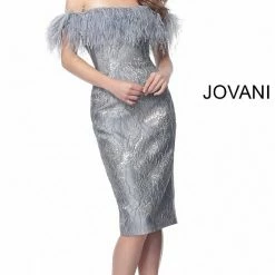 Jovani 66239 Off The Shoulder Feather Neckline Cocktail Evening Dress