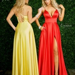 Envious Couture E 1410 Satin Prom Dress Slit Pockets Gown V Neck A Line Evening Gown