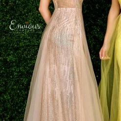 In Stock Envious Couture 1412 Dusty Pink Prom Dress Shimmer Long Plunging Neckline
