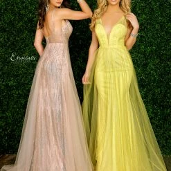 In Stock Envious Couture 1412 Yellow Size 6 Prom Dress Shimmer Long Plunging Neckline Overskirt