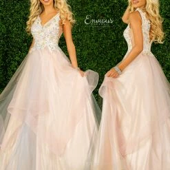 In Stock Envious Couture 1413 Size 8, 12 Long Pastel Prom Dress Sheer Floral Ballgown