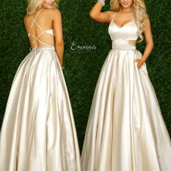 Discontinued Ballgown Dresses Envious Couture E1431 Cream Prom Dress Long Iridescent Shimmer Ball Gown Pockets