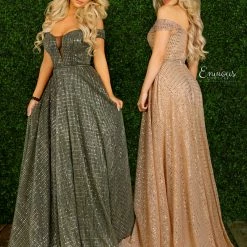 Discontinued Envious Couture 1438 Long Stretched Sequin Off The Shoulder Ball Gown Plunging Neckline Ballgown Dresses