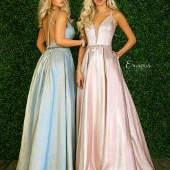 In Stock Ballgown Dresses Envious Couture 1439 Size 8 Aqua Prom Dress Iridescent Shimmer Ball Gown Plunging Neckline