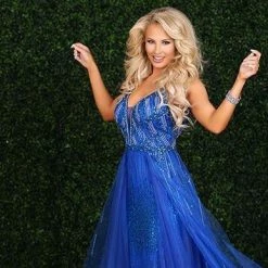 In Stock Envious Couture 1451 Size 6 Royal Long Glitter Prom Dress Plunging Neckline Open Back