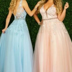 Ballgown Dresses Envious Couture E 1456 Long Applique Tulle Prom Dress Plunging Neckline Sheer Back