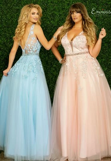 Ballgown Dresses Envious Couture E 1456 Long Applique Tulle Prom Dress Plunging Neckline Sheer Back 3 Ballgown Dresses Envious Couture E 1456 Long Applique Tulle Prom Dress Plunging Neckline Sheer Back
