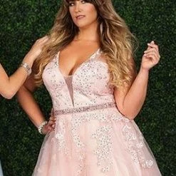 In Stock Ballgown Dresses Envious Couture E 1456 Blush Prom Dress Size 14 Long Applique Tulle Plunging Neckline Sheer Back