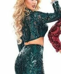 Envious Couture E1463 Long Sleeve Two Piece Sequin Prom Dress High Neckline Sequin Dresses