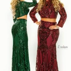 In Stock Envious Couture E1463 Burgundy Prom Dress Size 24 Long Sleeve Two Piece Sequin High Neckline Long Sleeve Dresses