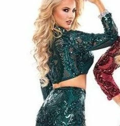 Envious Couture 1463 Long Sleeve Two Piece Sequin Prom Dress High Neckline
