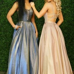 In Stock Ballgown Dresses Envious Couture 1473 Size 8 Blush Iridescent Shimmer Prom Dress Pockets Backless Ballgown