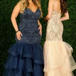 In Stock Envious Couture 1474 Size 8, 14 Embellished Mermaid Prom Dress V Neck Ruffle Layer Tulle Mermaid Dresses