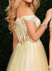 In Stock Envious Couture E1489 Yellow Prom Dress Size 8 Sheer Lace Off The Shoulder Ballgown Sweetheart Ballgown Dresses