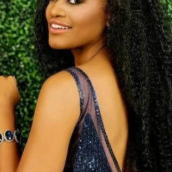 In Stock Envious Couture 1500 Navy Prom Dress Size 10 Sequins Sheer Panel Plunging Neckline Slit