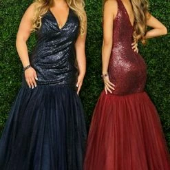 In Stock Envious Couture 1504 Size 18 V Neck Sequin Mermaid Prom Dress 2020 Tulle Plus Size Gown Mermaid Dresses