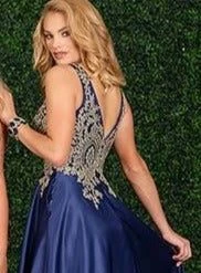 Envious Couture E1512 Long Satin Embellished Prom Dress Plunging Neck A Line Gown E 1512