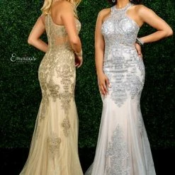 In Stock Mermaid Dresses Envious Couture 1563 Size 10 Silver Lace Mermaid Prom Dress Sheer Neckline